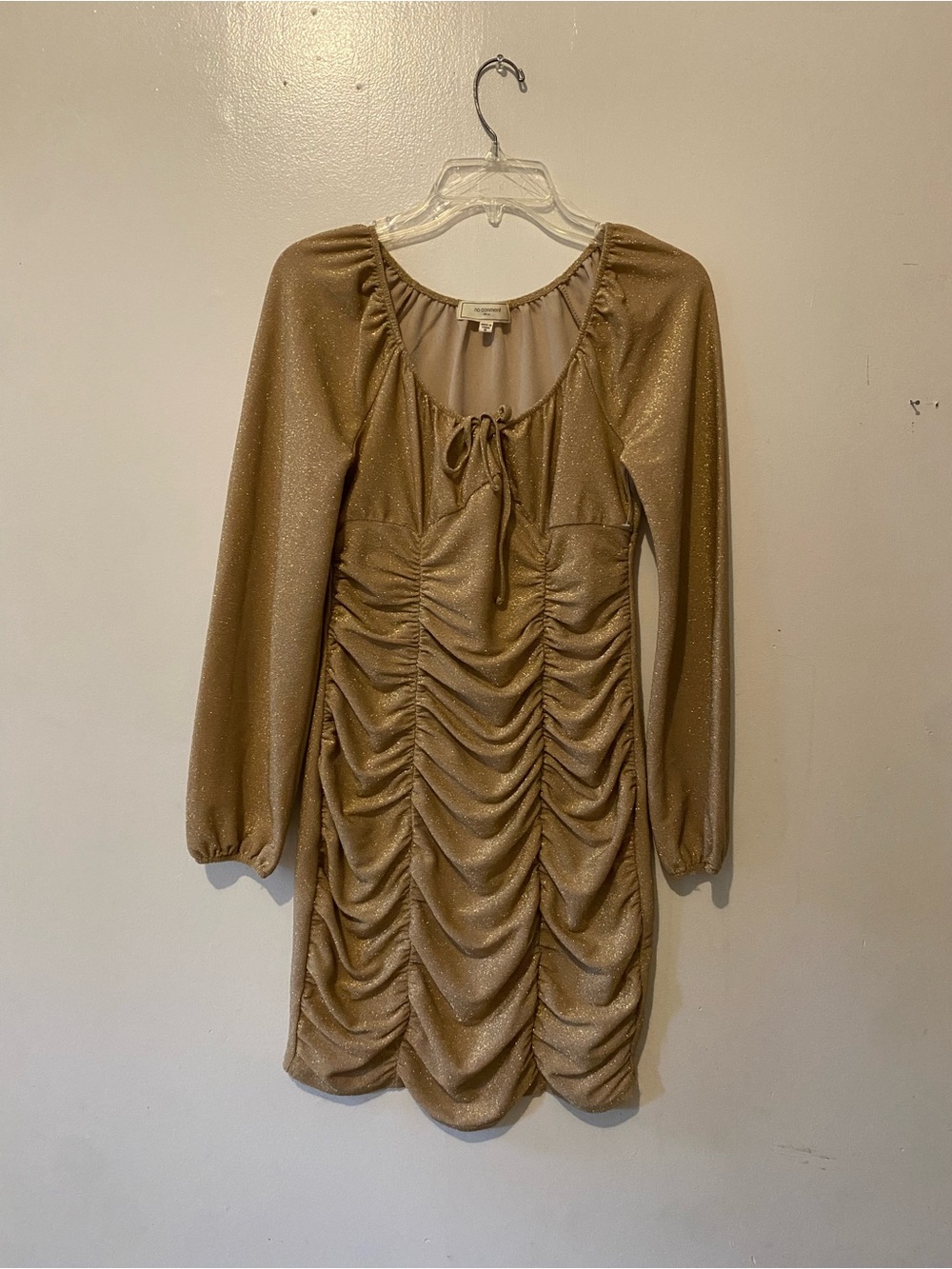 NO COMMENT NY LA Shimmery Tan Long-Sleeve Ruched Mini Dress with Tie Neck
